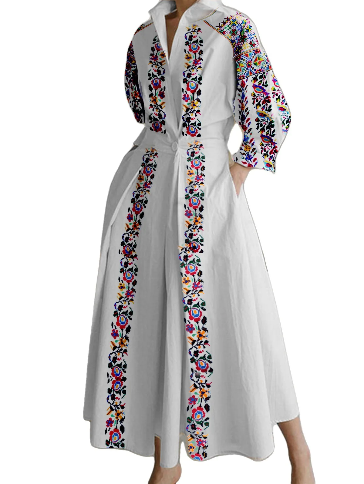 Women's Ethnic Floral Print Lapel Shirt Maxi Dress