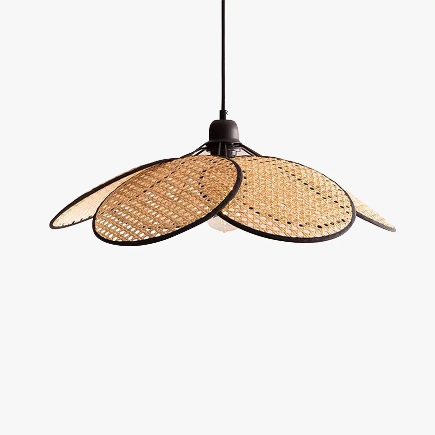 Boho Metal And Rattan Floral Living Room Pendant Light, Black/White