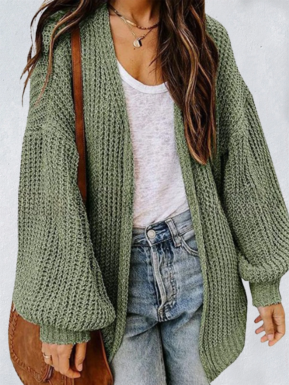 Women's Solid Color Lantern Sleeve Loose Knitted Cardigan Sweater