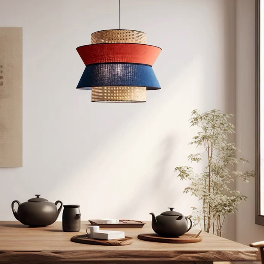 Boho Rattan Drum Dining Room Pendant Light, Orange-Dark Blue