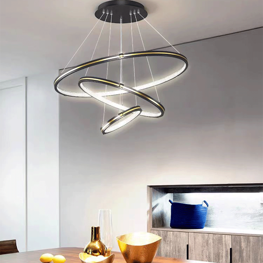 Modern Metal Ring Dining Room Pendant Light, Black/Gold, Trichromatic Light