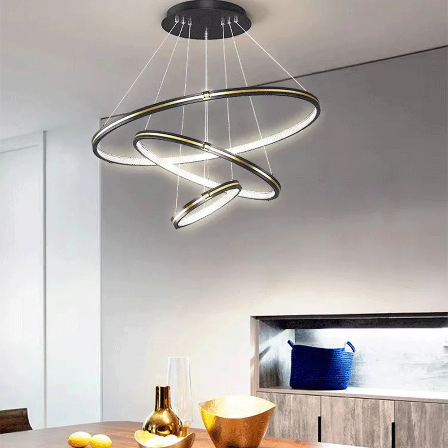 Modern Metal Ring Dining Room Pendant Light, Black/Gold, Trichromatic Light