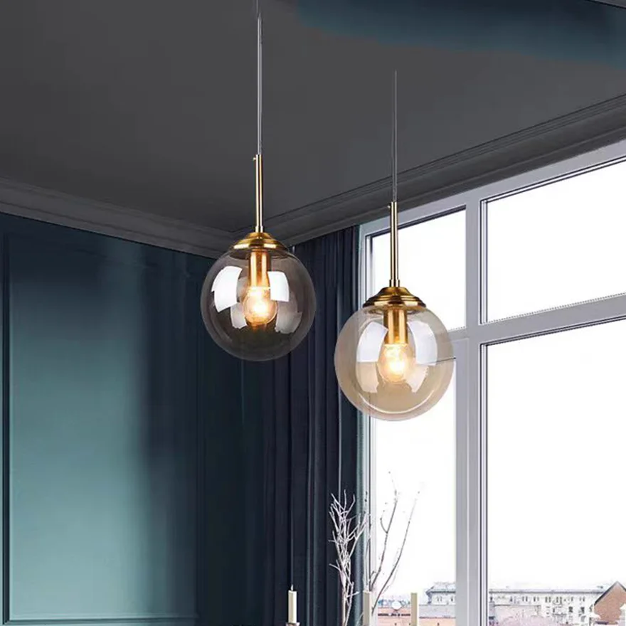 Modern Metal And Glass Bubble Bedroom Pendant Light, Amber/Clear/Smoke Gray