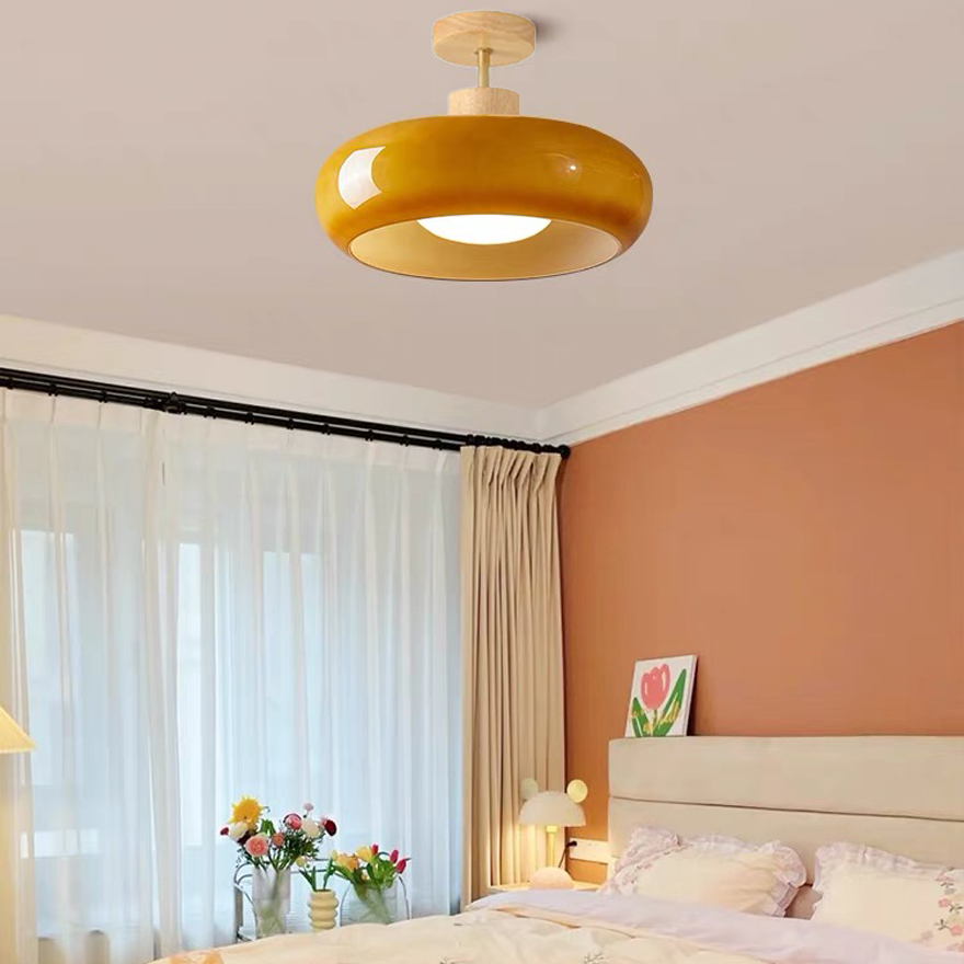 Classical Glass And Wooden Drum Dining Room Ceiling Light, Orange/White