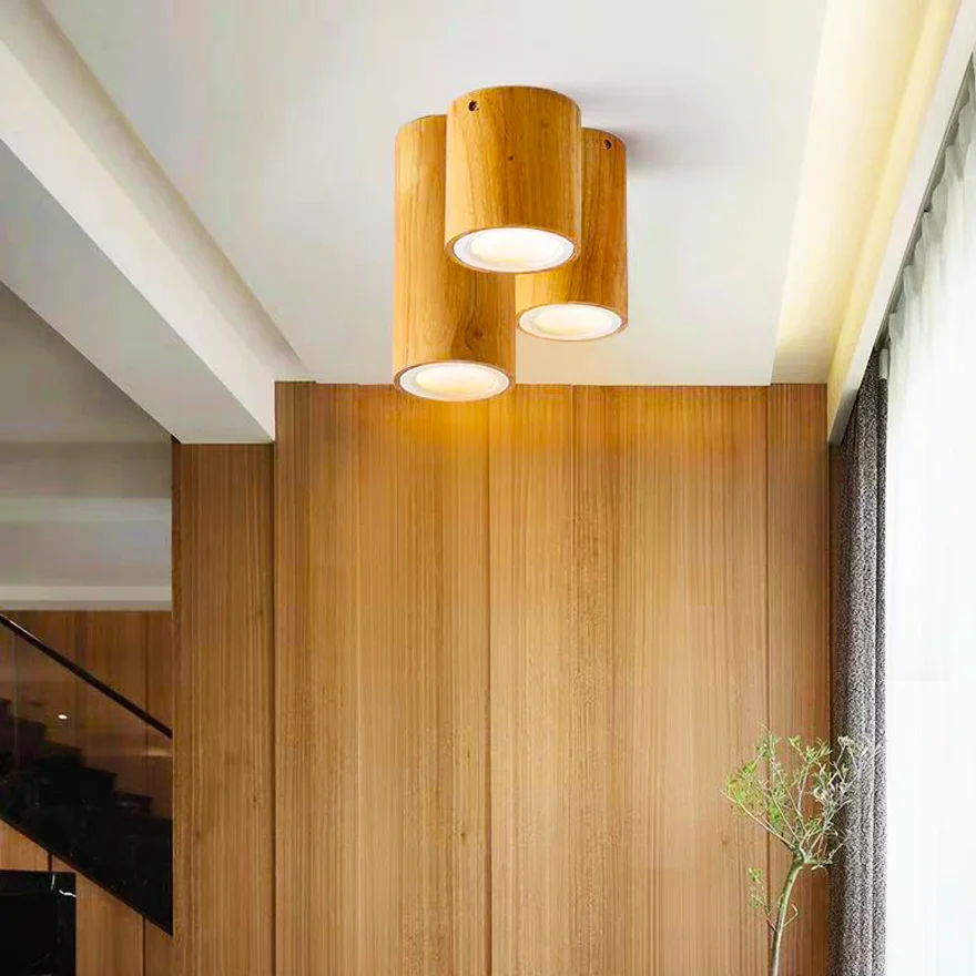 Natural Wooden And Acrylic Cylinder Balcony Ceiling Light, Natural Wood