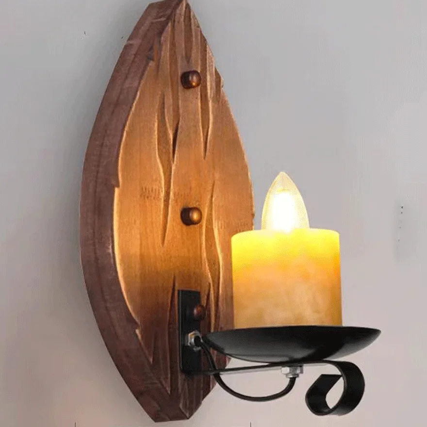 Industrial Wooden And Metal Candle Dining Room Wall Lamp, Pine Wood