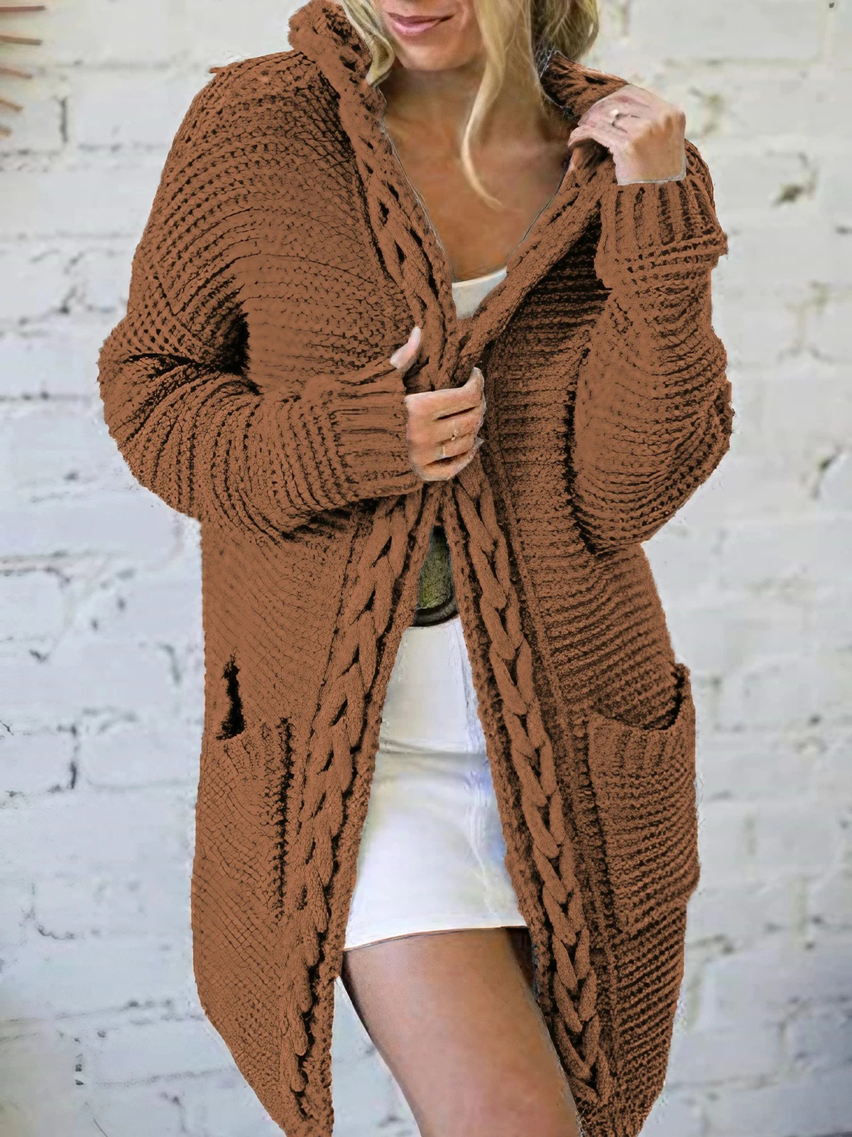 Women's Solid Jacquard Knitted Hooded Mid-length Cardigan