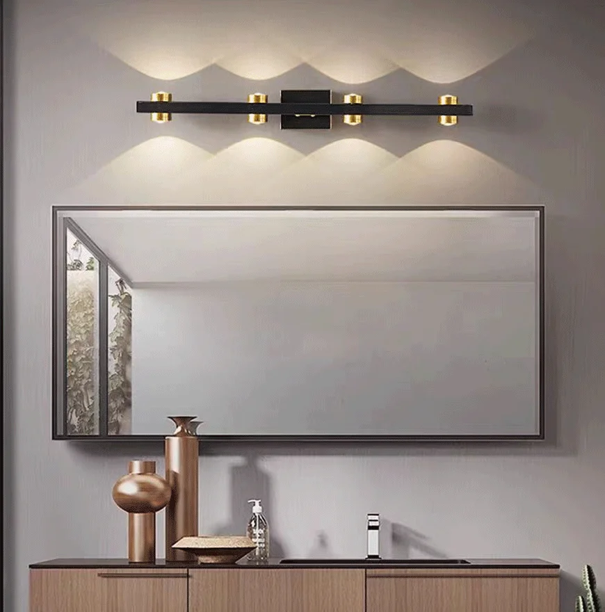 Contemporary Copper And Metal Strip Bathroom Mirror Front Wall Lamp, Black/Gold