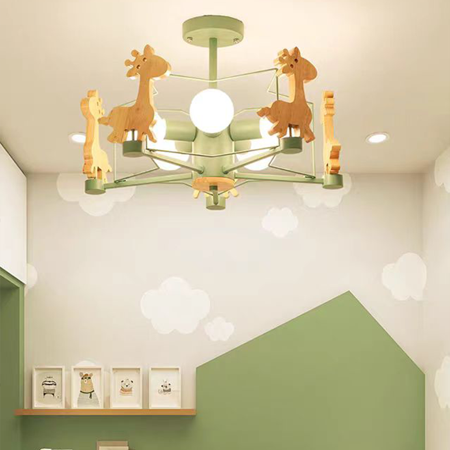 Art Deco Wooden And Metal Giraffe Children's Room Ceiling Light, Gray/Green/Pink, Trichromatic Light