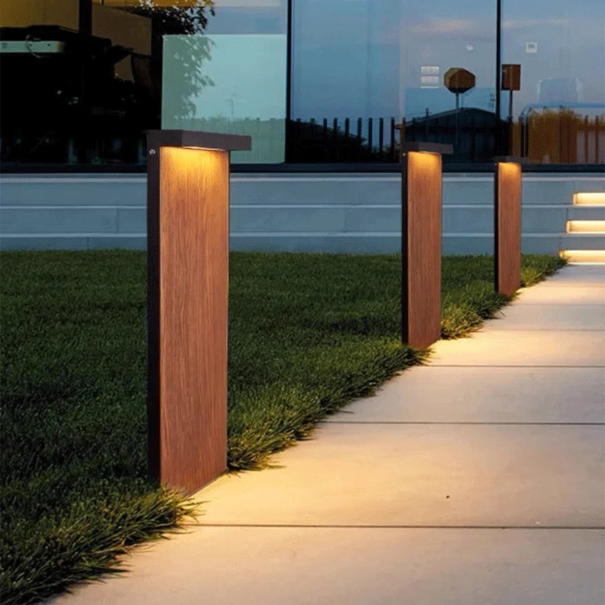 Minimalist Metal Rectangular Terrace Outdoor Lamp, Natural Wood