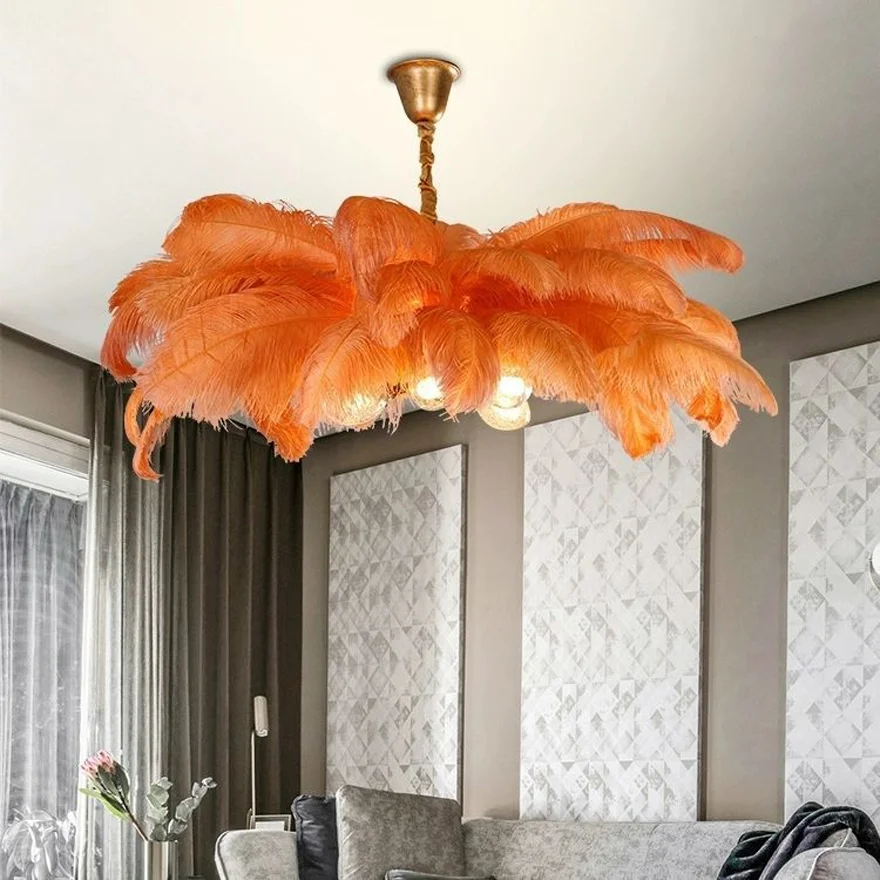 Art Deco Copper And Feather Cluster Bedroom Pendant Light, 8 Color