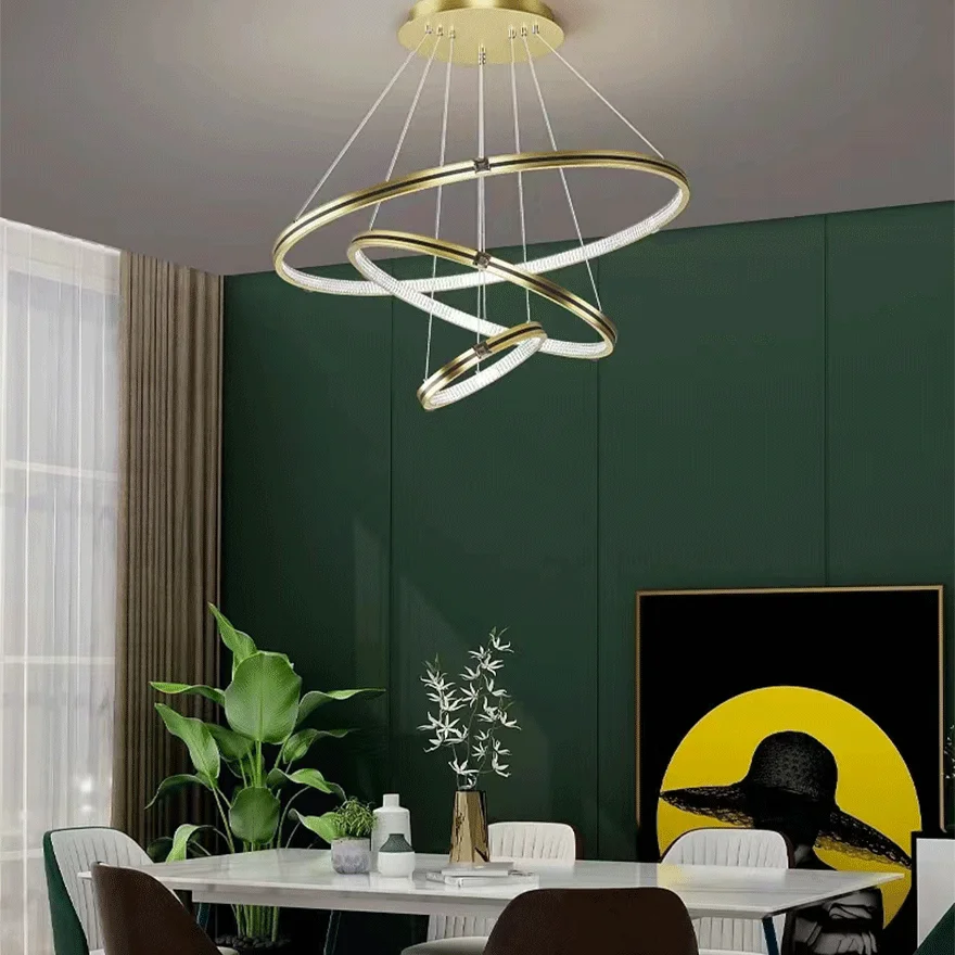 Modern Metal Ring Dining Room Pendant Light, Black/Gold, Trichromatic Light