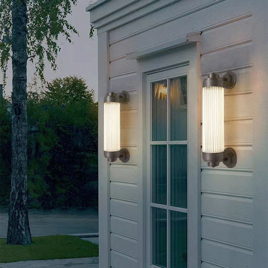 Modern  Metal And Glass Cylindrical Outdoor Wall Lamp, Antique Brass