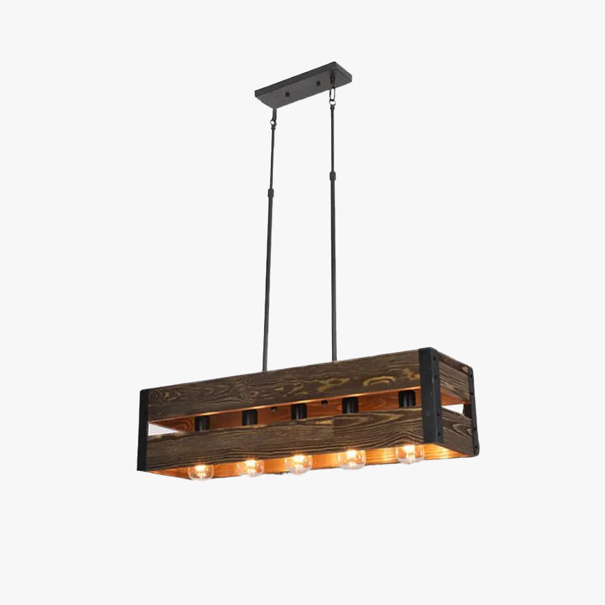 Retro Metal And Wooden Rectangular Dining Room Pendant Light, Brown/Natural Wood