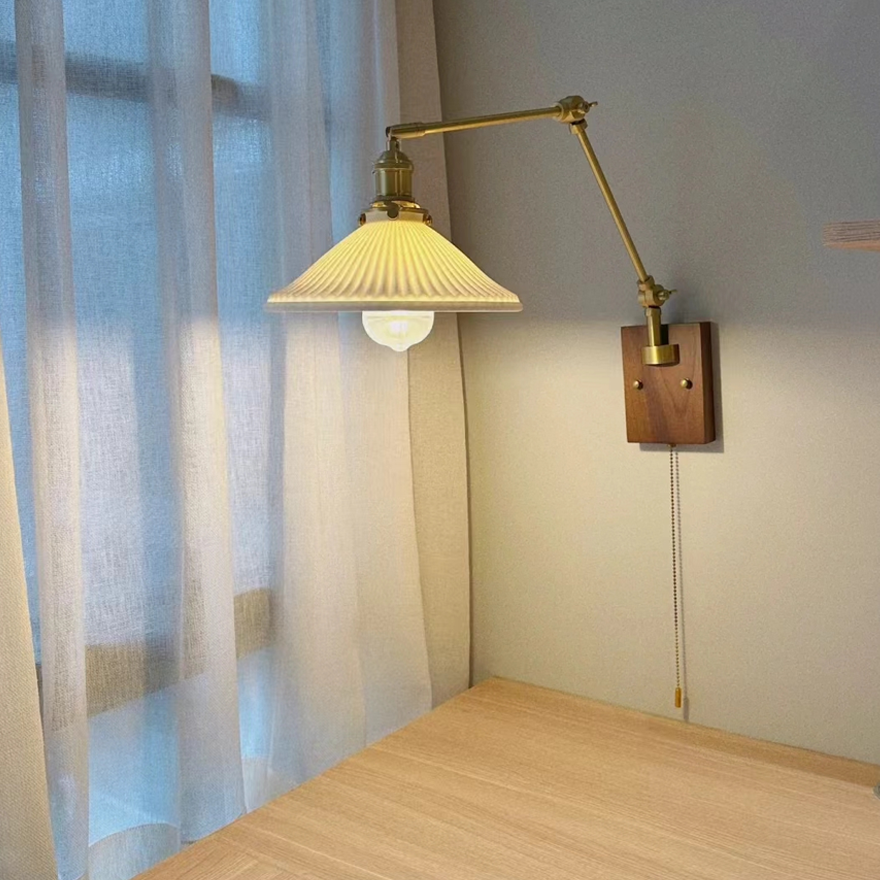 Vintage Wooden And Ceramic Geometric Living Room Wall Lamp, Gold