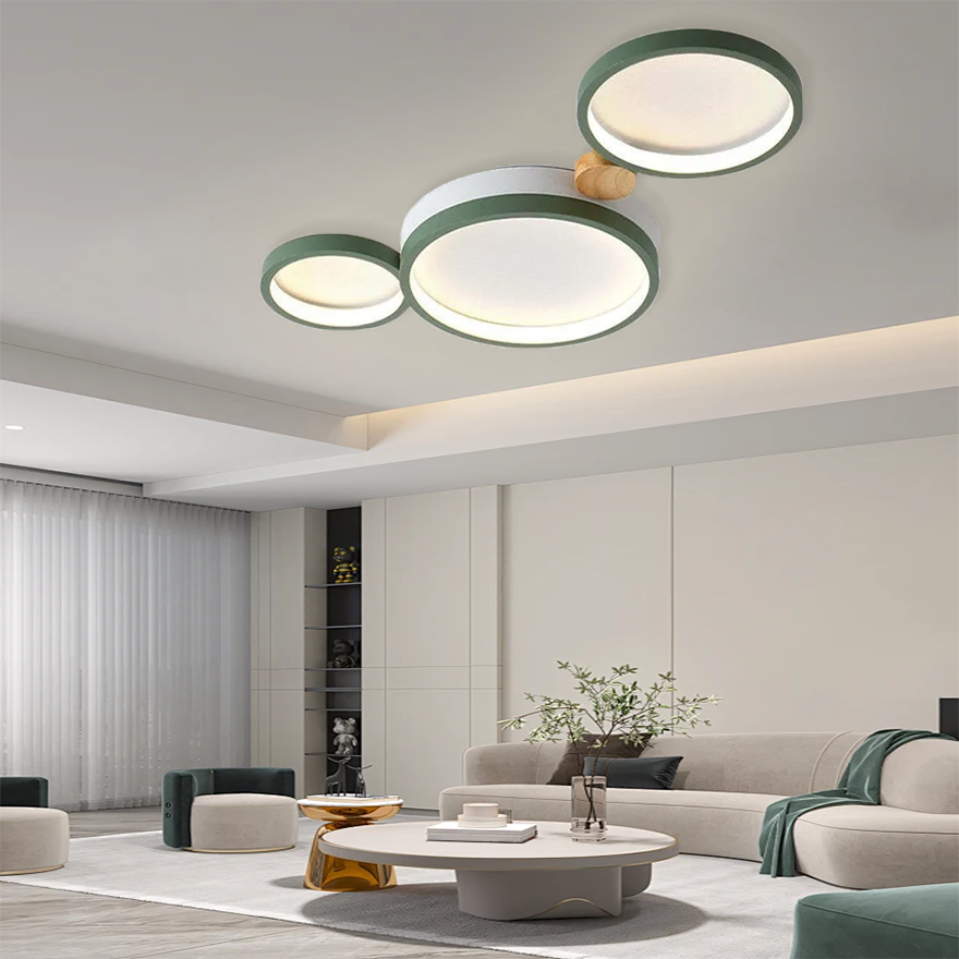 Contemporary Metal And Wooden Round Living Room Ceiling Light, Green/Grey/White