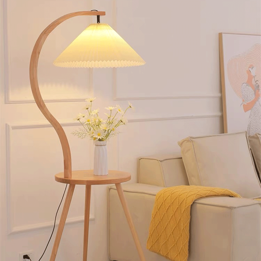 Farmhouse Wooden And Fabric Hooded  Living Room Floor Lamp, Log Color