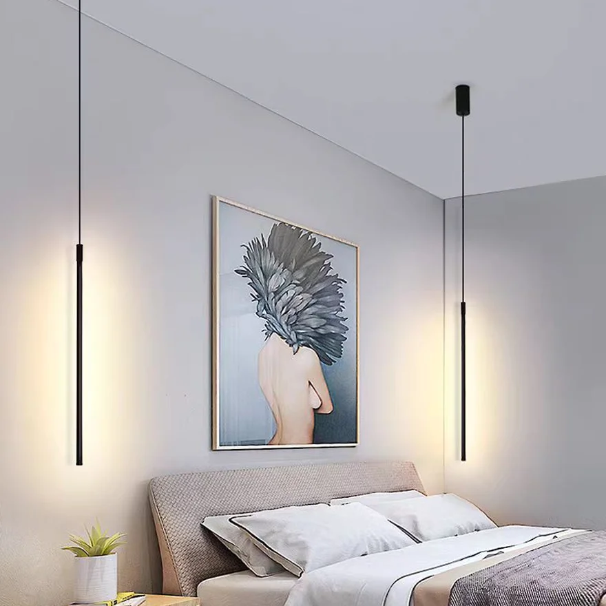 Modern Metal Linear Bedroom Pendant Light, Black, Trichromatic Light