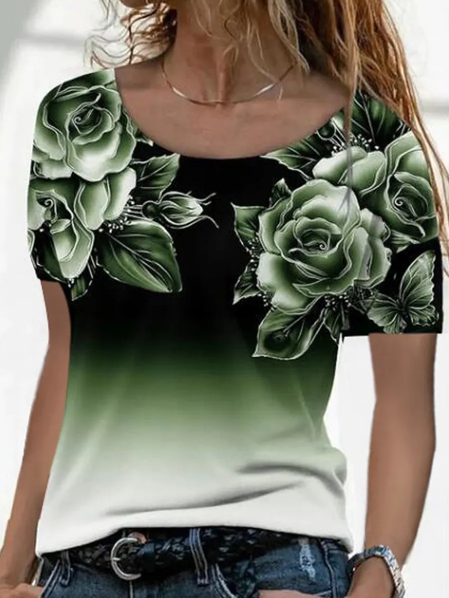 Round Neck Casual Loose Floral Print Short Sleeve T-shirt