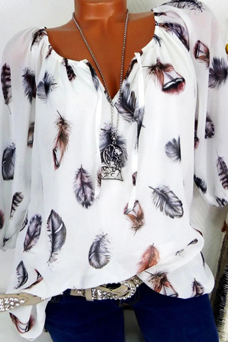 Autumn Spring Summer Cotton Women Tie Collar Feather Three-Quarter Sleeve Blouses