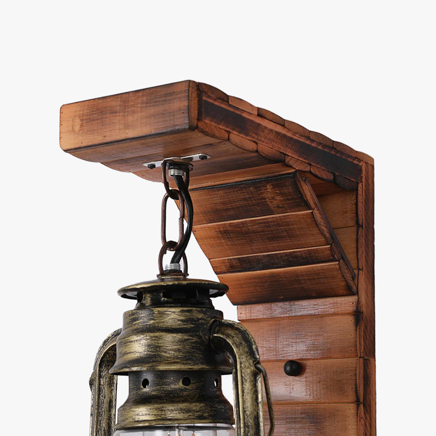 Retro Wooden And Metal Lantern Bedroom Wall Lamp, Burlywood