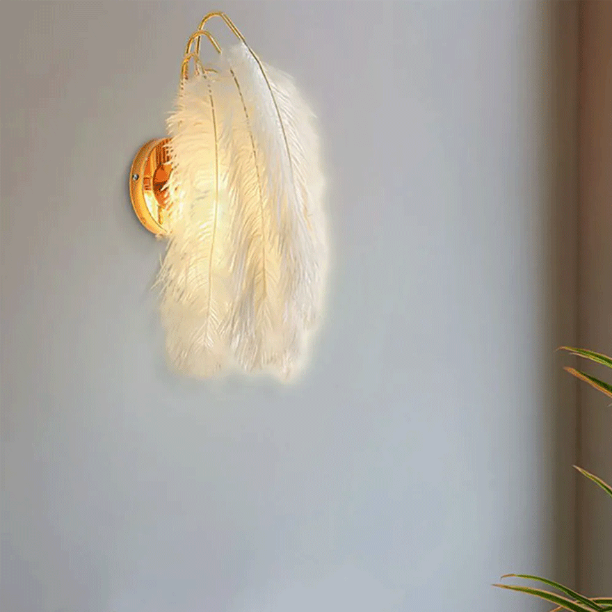 Art Deco Metal And Feather Feather Living Room Wall Lamp, White