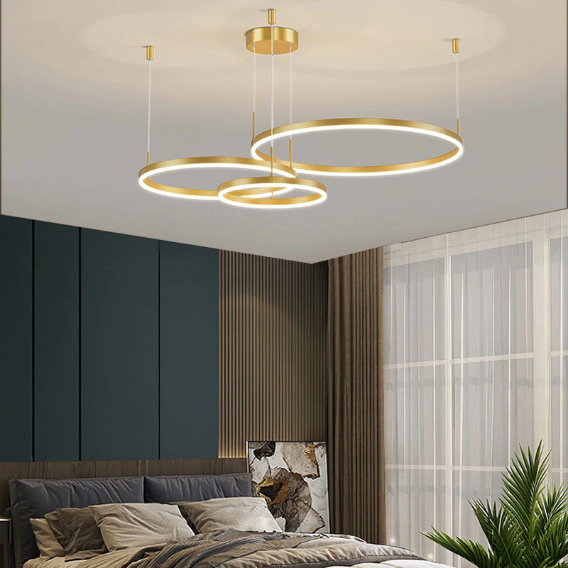 Contemporary Metal Ring Bedroom Pendant Light, Black/Brown/Gold, Trichromatic Light