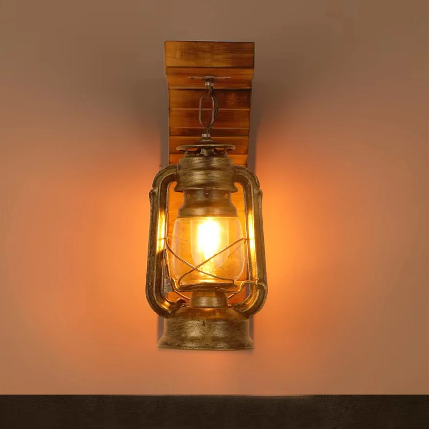 Retro Wooden And Metal Lantern Bedroom Wall Lamp, Burlywood