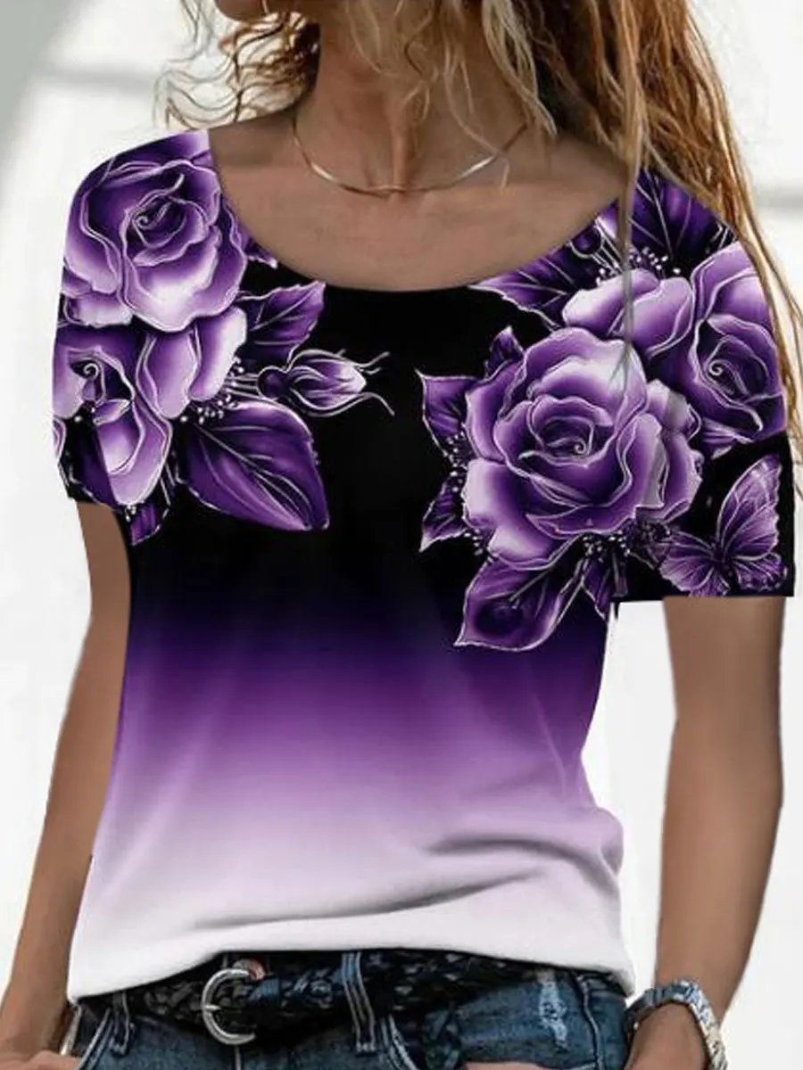 Round Neck Casual Loose Floral Print Short Sleeve T-shirt