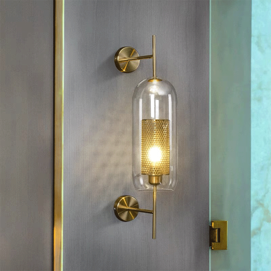 Designer Metal And Glass Geometric Bathroom Wall Lamp, Copper/Silver