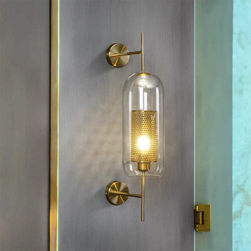 Designer Metal And Glass Geometric Bathroom Wall Lamp, Copper/Silver