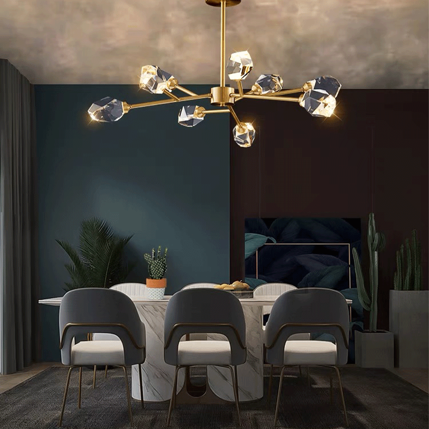 Modern Metal And Crystal Uneven Bedroom Chandeliers Pendant Light, Gold, Trichromatic Light