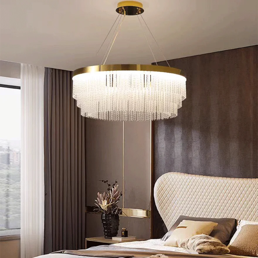 Royal Metal And Crystal Tassel Bedroom Chandelier Pendant Light, Gold, Trichromatic Light