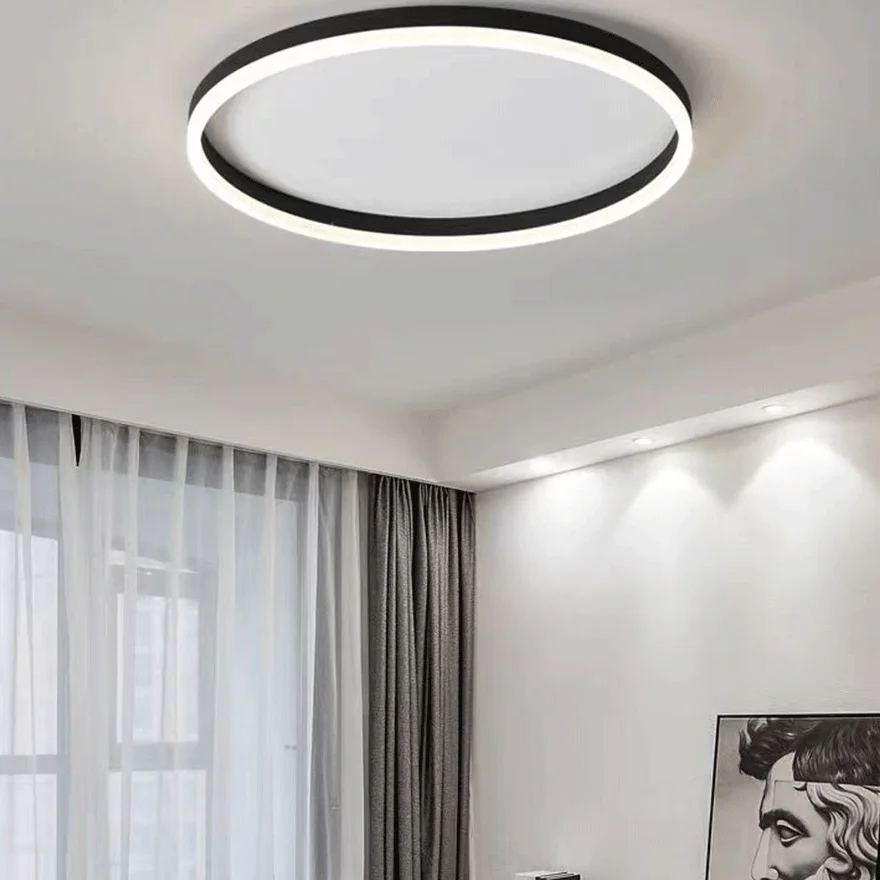 Modern Metal And Acrylic Round Living Room Ceiling Light, Black, Trichromatic Light