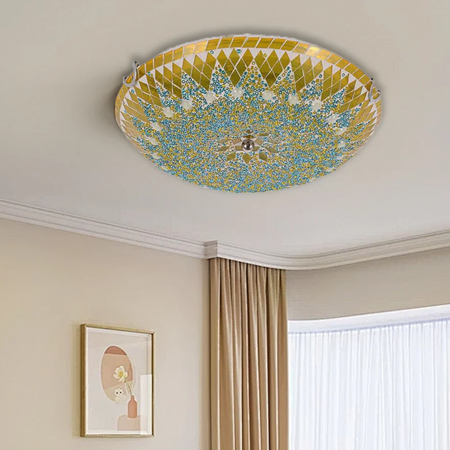 Mid Century Metal And Glass Bowled Bedroom Ceiling Light, Blue/White/Yellow