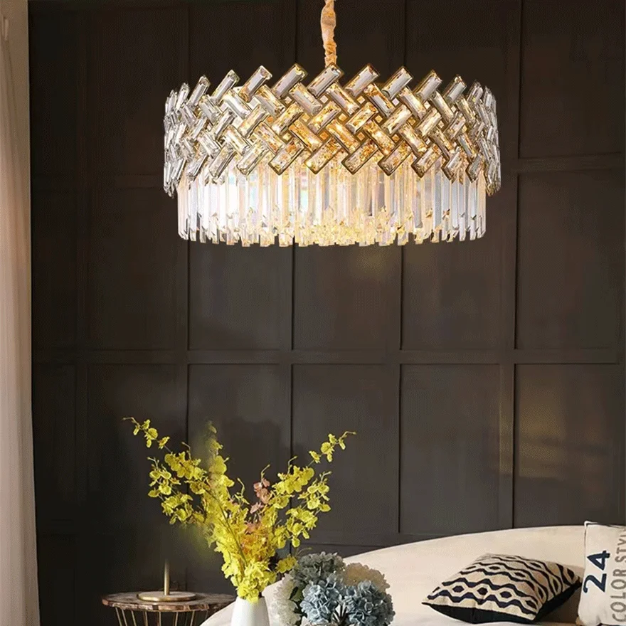 Baroque Metal And Crystal Geometric Dining Room Chandelier Pendant Light, Gold, Trichromatic Light