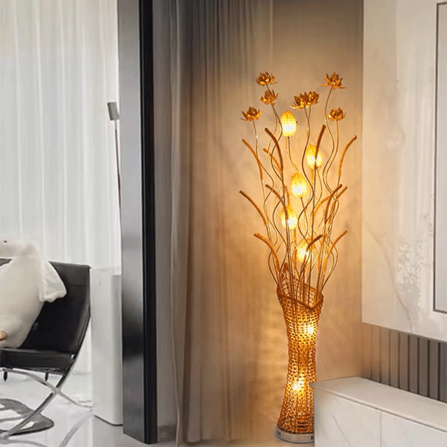 Designer Metal  Flower Vase Living Room Floor Lamp, Gold