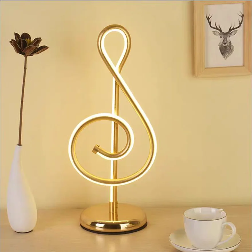 Designer Metal Musical Note Bedroom Table Lamp, Gold | Liiffy