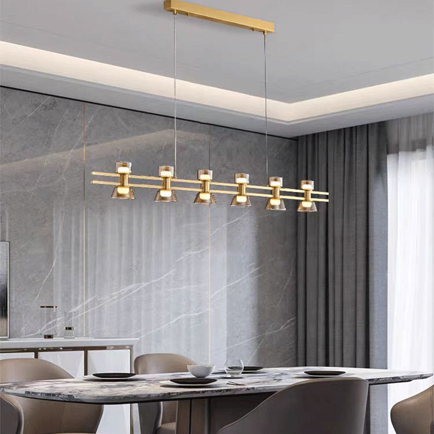 Designer Pure Copper And Glass Linear Dining Room Pendant Light, Black/Gold