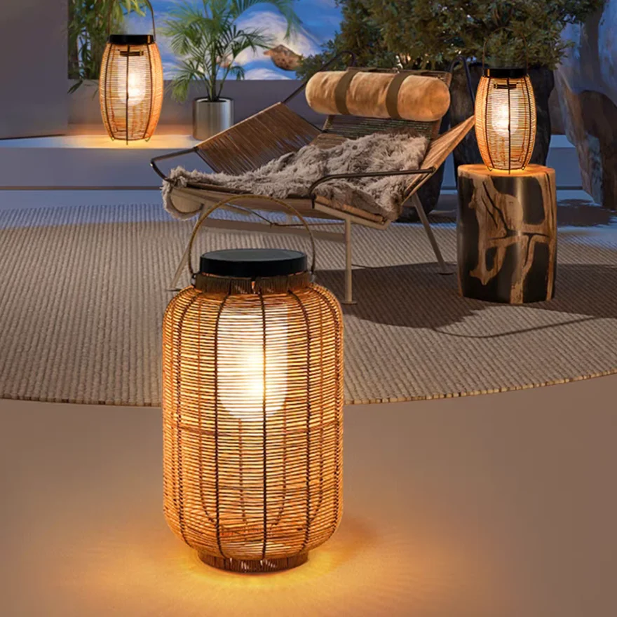 Natural Metal And Imitation Rattan Courtyard Outdoor Floor Light, Natural Wood