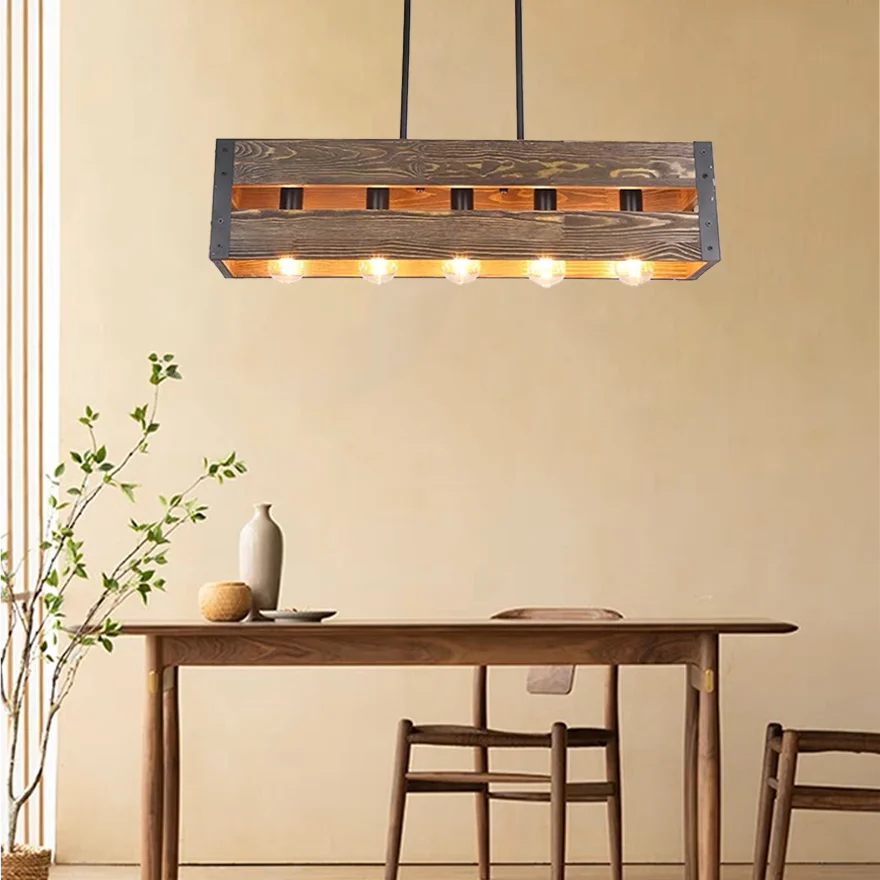 Retro Metal And Wooden Rectangular Dining Room Pendant Light, Brown/Natural Wood