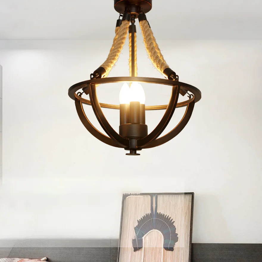 Retro Metal And Hemp Rope Ring Study Room Chandelier Pendant Light, Black