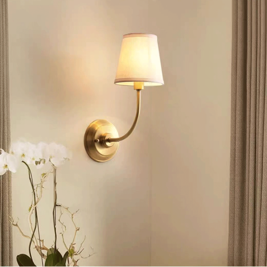 Minimalist Pure Copper And Fabric Hooded Bedroom Wall Lamp, Brass