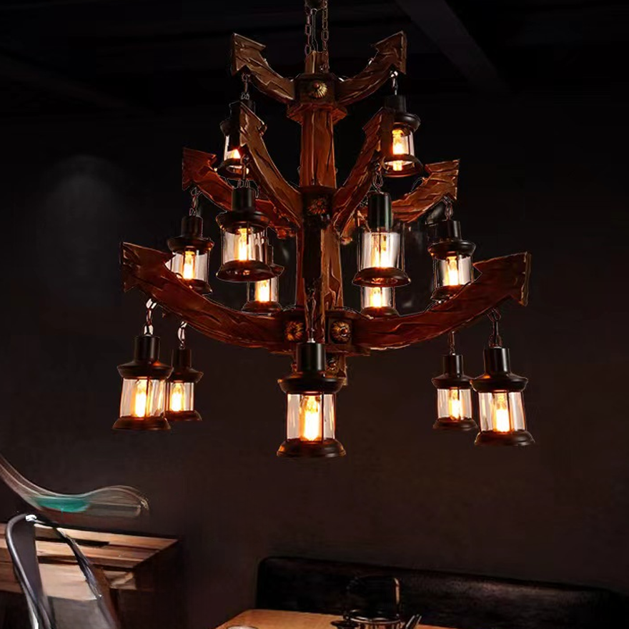 Retro Metal And Wooden Anchor Kitchen Chandelier Pendant Light, Walnut