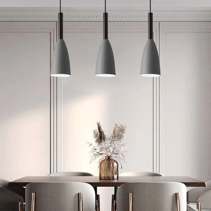 Nordic Metal And Wood Conical Kitchen Pendant Light, Black/White/Gray/Mix