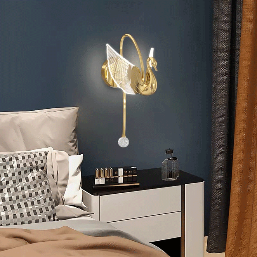 Decorative Metal And Acrylic Swan Indoor Wall Lamp, Gold/Rose gold, Trichromatic Light