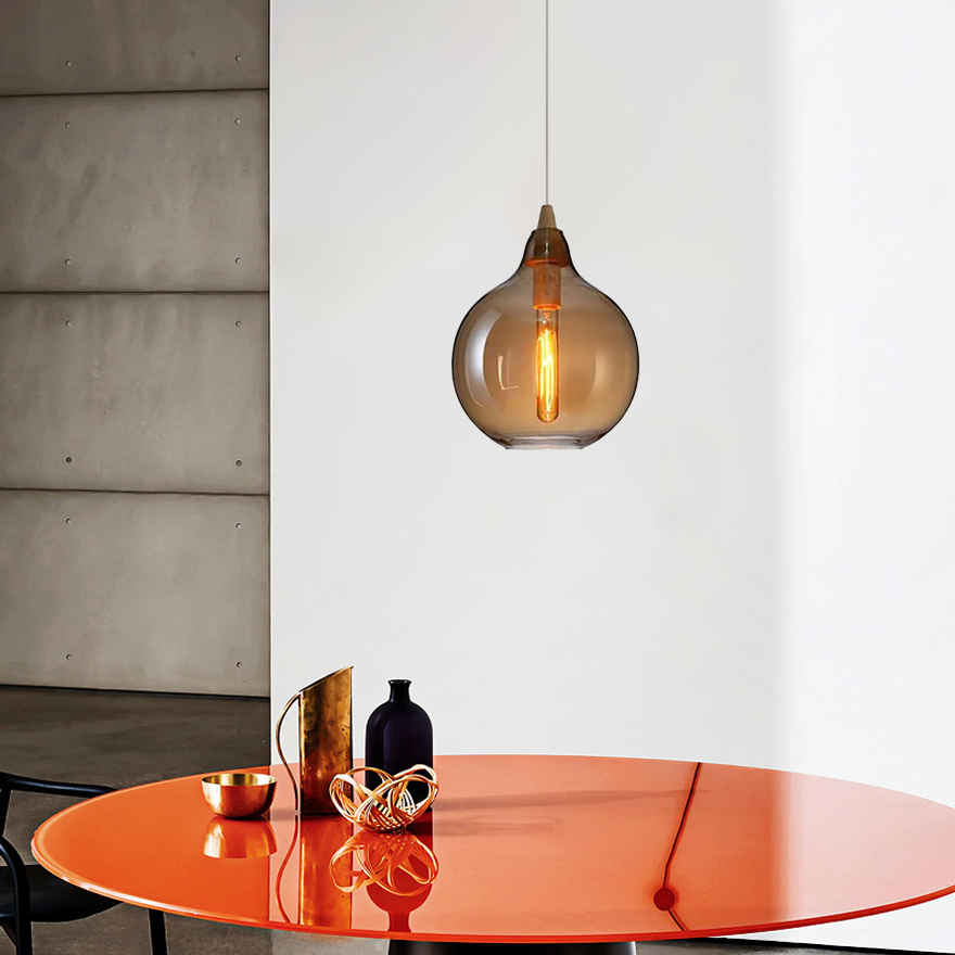 Modern Metal And Glass Drum Bedroom Pendant Light, Amber