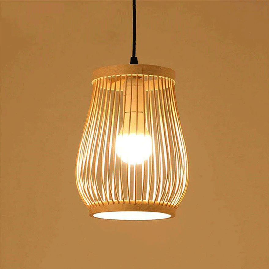 Boho Bamboo Lantern Dining Room Pendant Light, Natural Wood