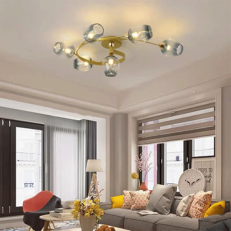 Retro Glass And Metal Bubble Study Room Chandelier Pendant Light, Amber/Gradient blue/Smoke Gray/Transparent