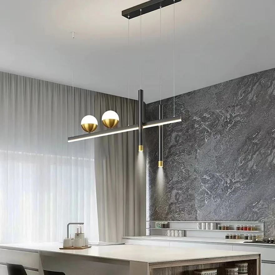 Modern Metal Linear Dining Room Chandelier Pendant Light, Black, Trichromatic Light